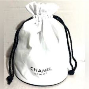 CHANEL White Cosmetic Pouch with Black Drawstrings